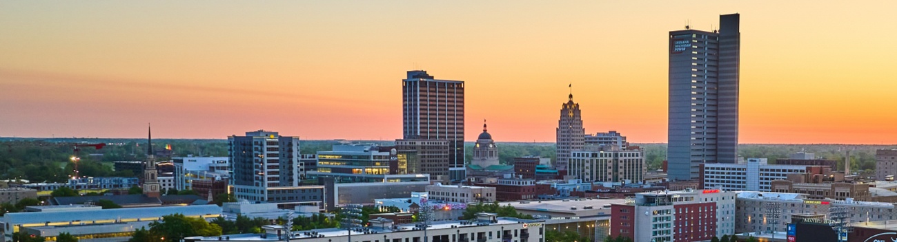 View of downtown Fort Wayne, Indiana with a sunset