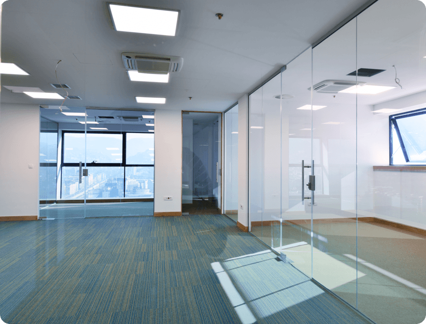 New construction of modern office interior with lots of large windows.